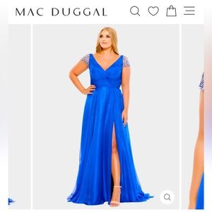 Mac Duggal Beaded Cap Sleeve V-Neck Gown - Plus Size 20 - Cobalt Blue